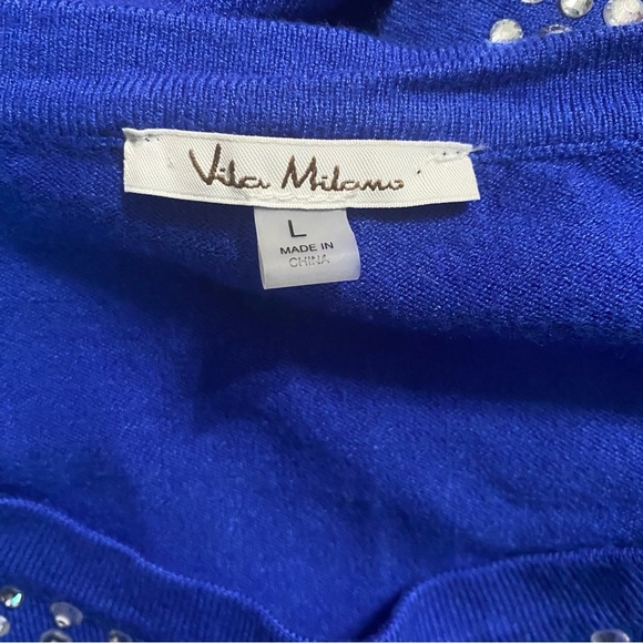 Vila Milano Blue Jeweled Long Sleeve Knit Soft Wool Blend Top - Picture 6 of 6